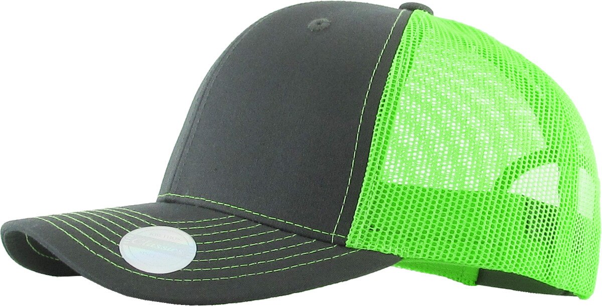 Dark Gray Neon Green Two Tone Classic 6 Panel Trucker Mesh Snapback Side View